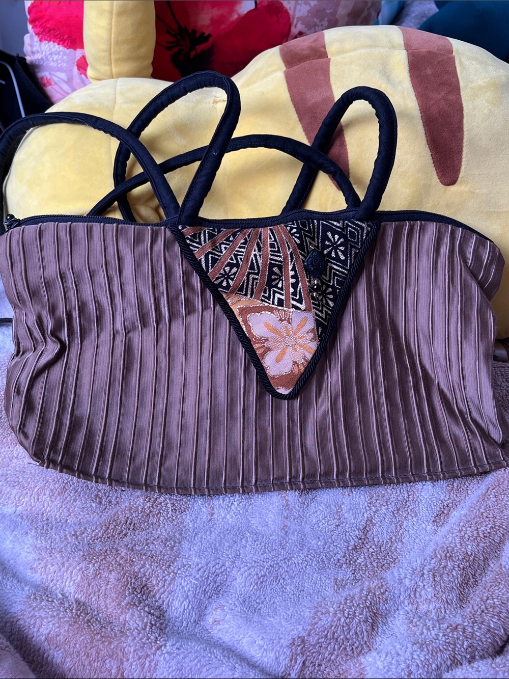 Brown Pleated Hobo Bag with Embroidered Accent Panel